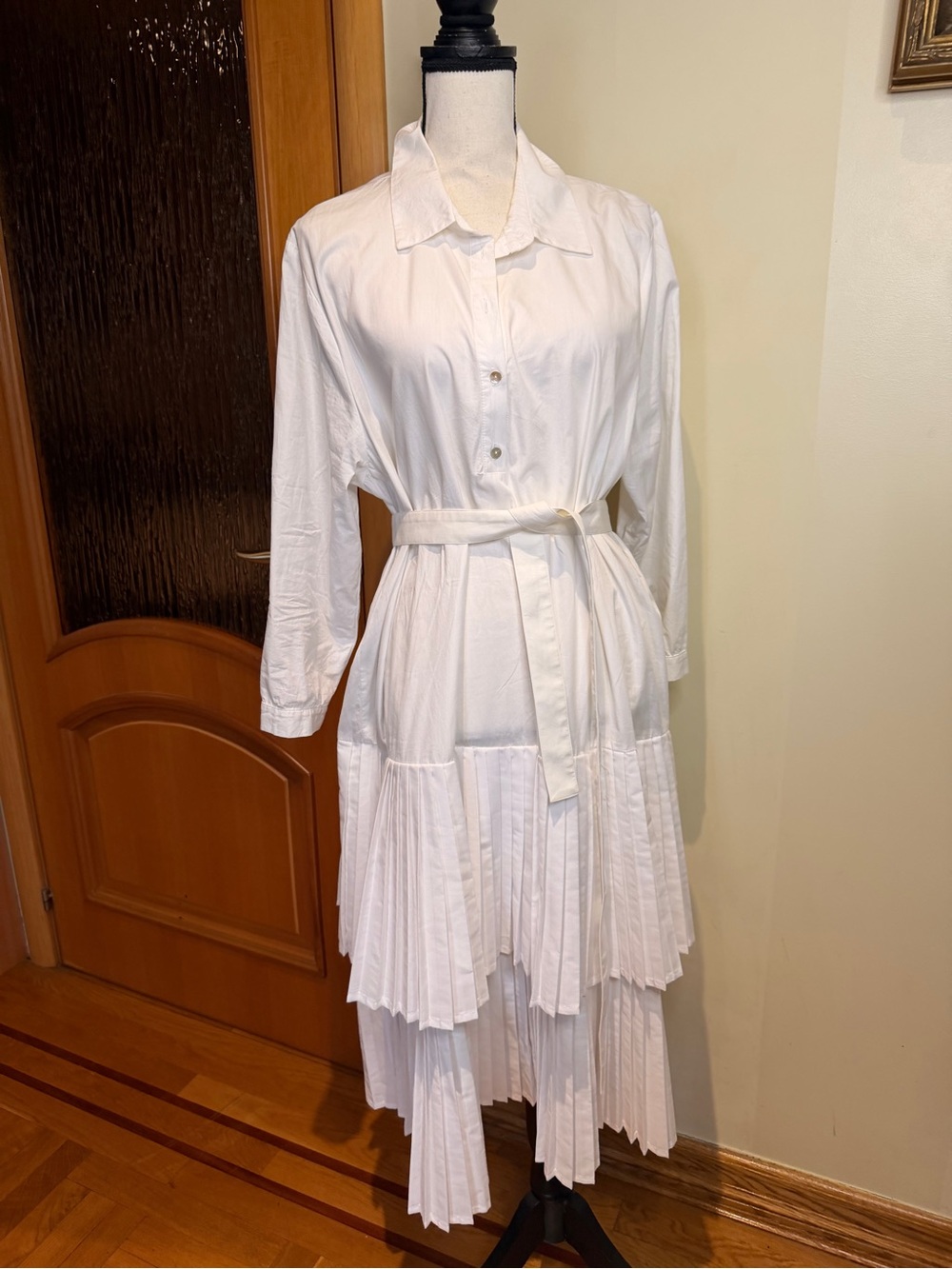 Zara White Long-Sleeve Pleated Tiered Shirt Dress with Belt Sz XXL